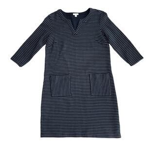 J. Jill Navy Blue & White Stripe 3/4 Sleeve V-Neck Pockets Shift Dress Size S